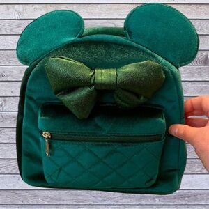 NWT Disney Minnie Mouse Green Velvet Ear Backpack with Shimmery Bow